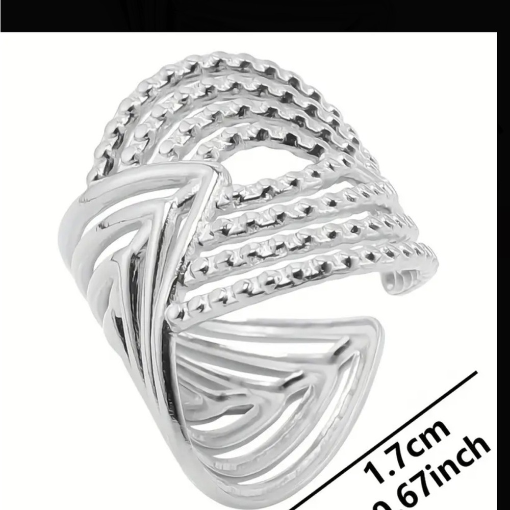 Silver Geometric Textured Design Adjustable Ring - Picture 8 of 8